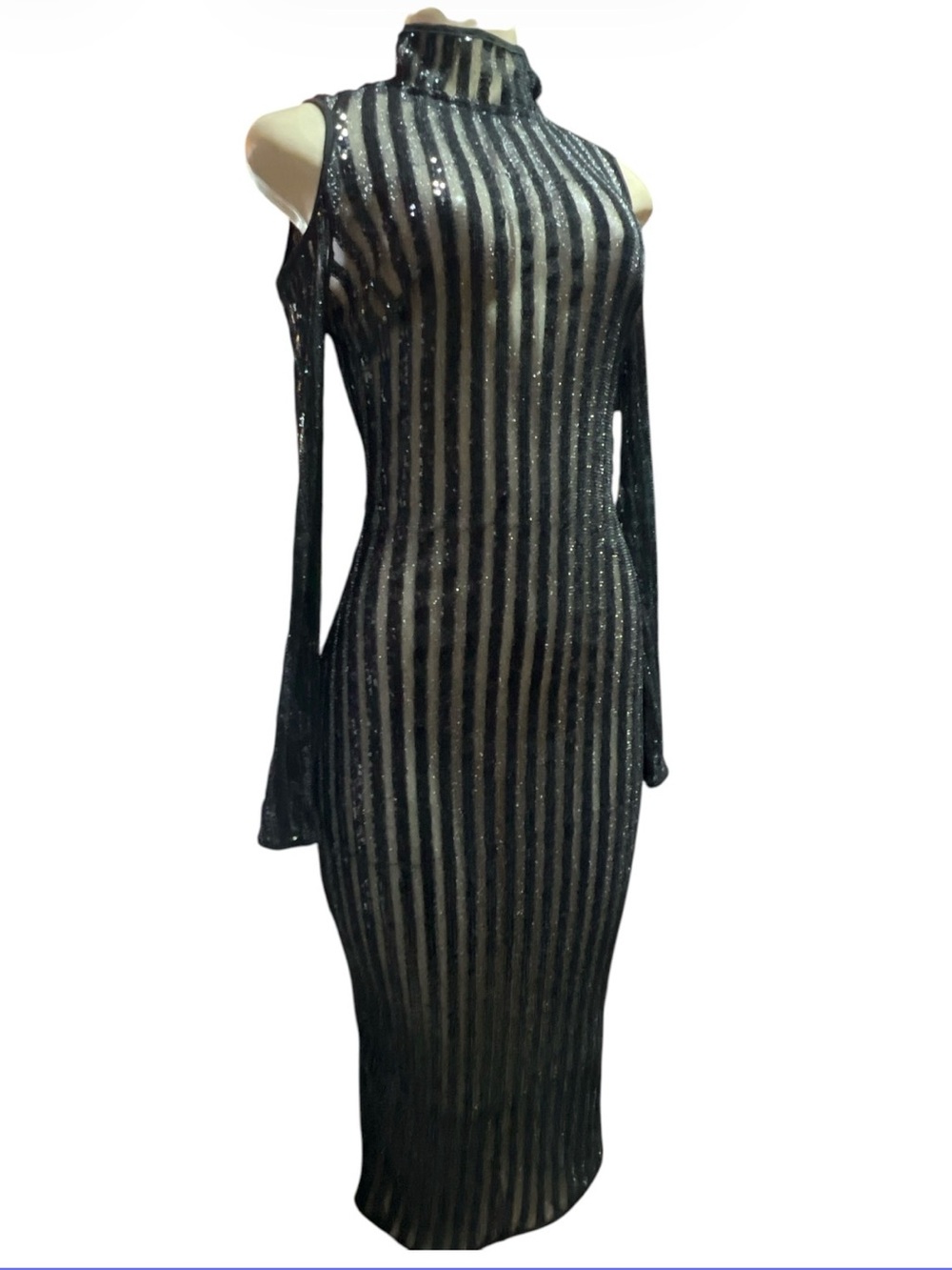 WOW couture Black and Silver Striped Sequin Midi Dress